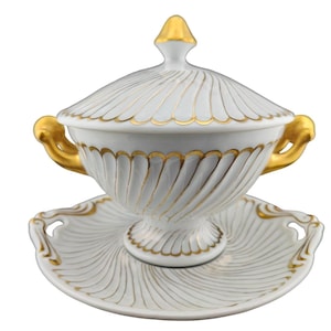 RARE Antique Collectible Hand‑Painted Limoges Lidded Bowl & Underplate – White Porcelain with Gilded Detail