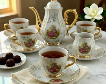 May include: A vintage tea set with a white and gold design, including a teapot, cups, saucers, and a creamer. The set features a painted scene with pink and blue accents. Chocolate candies are on a small plate.