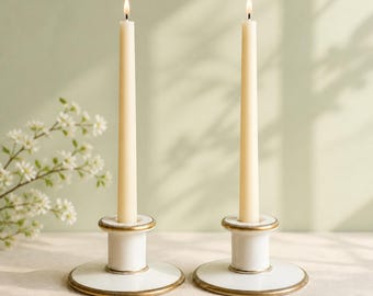 Pair Vintage Københavns Porcelains Maleri Candlesticks, Danish White Porcelain Candle Holders with Gold Trim