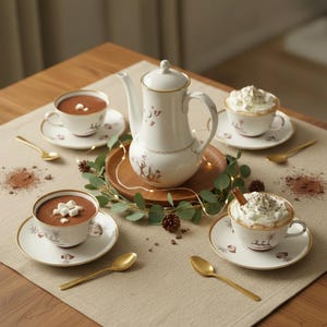 Op de afbeelding: Een witte porseleinen koffiepot en bijpassende kopjes en schotels met gouden rand, gevuld met warme chocolademelk en slagroom. De set is gerangschikt op een beige tafelkleed met gouden lepels en decoratieve elementen.