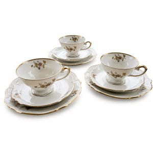 Vintage Porsgrund Norge Porslin Mokka Trio Set om 3 | Förgyllda blommiga Demitassekoppar, fat och desserttallrikar | PP Märke Norskt Kina