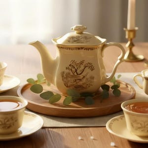 May include: A cream-colored tea set with a teapot, sugar bowl, and cups on saucers. The teapot and sugar bowl have lids and feature a brown landscape design. The cups are filled with tea. The set is on a wooden tray.