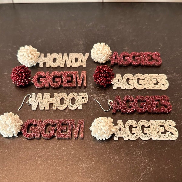 Texas A&M Aggie, Gig 'em, Whoop and Howdy earrings (New for 2023)| Mix and Match | Maroon and White Glitter | Aggie Pride Jewelry