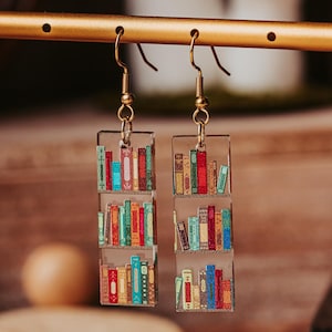 Mini book earrings,  Bookshelf acrylic dangle earrings that make an amazing book lover gift for that friend that can&#39;t get off of booktok
