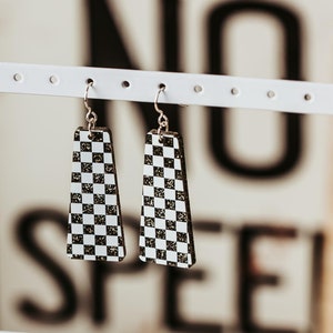 Black & White Checkered Earrings, Racing Flag Dangle Earrings, Sports Car Racing Jewelry