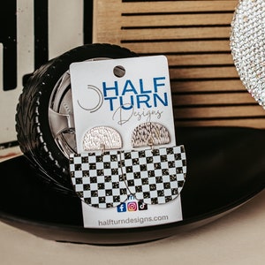 Black & White Checkered Racing Flag Semicircle Dangle Earrings, Racing Jewelry, Checkered Statement Earrings, Racing Fan Earrings