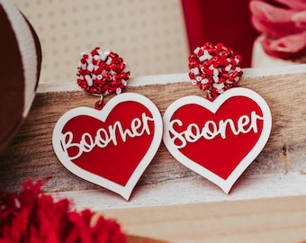 OU Boomer Sooner Earrings, Sooners Crimson and White Acrylic Earrings, Game Day Jewelry for Sooners at the University of Oklahoma