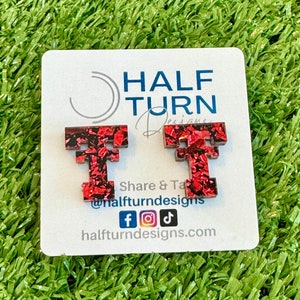 Texas Tech Logo Stud Earrings in chunky red and black glitter, Red Raider mini-post earrings, Texas Tech game day stud earrings