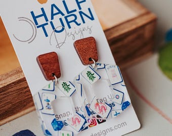 Mahjong Earrings with Wood Studs, Blue Chinoiserie Hexagon Dangles