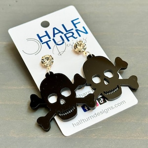 Black skull & crossbones dangle earrings on rhinestone post, Halloween earrings, Pirate-themed earrings, Gothic earrings