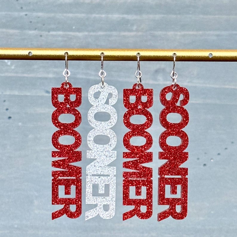 White & Crimson Glitter Sooner Schooner Earrings main image 0