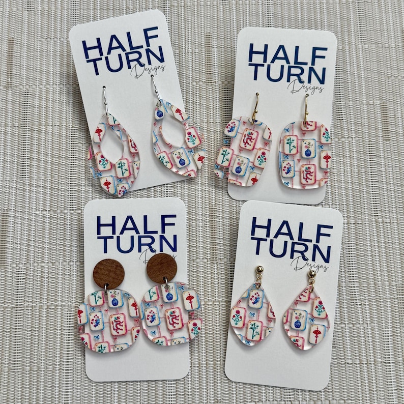 Half Turn Designs mahjong earrings collection made by colorful mahjong tile-printed acrylic