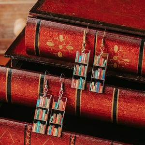 Mini book Earrings, Small Acrylic Dangle Earrings with bookshelf print, great gift for friends and book club giveaways