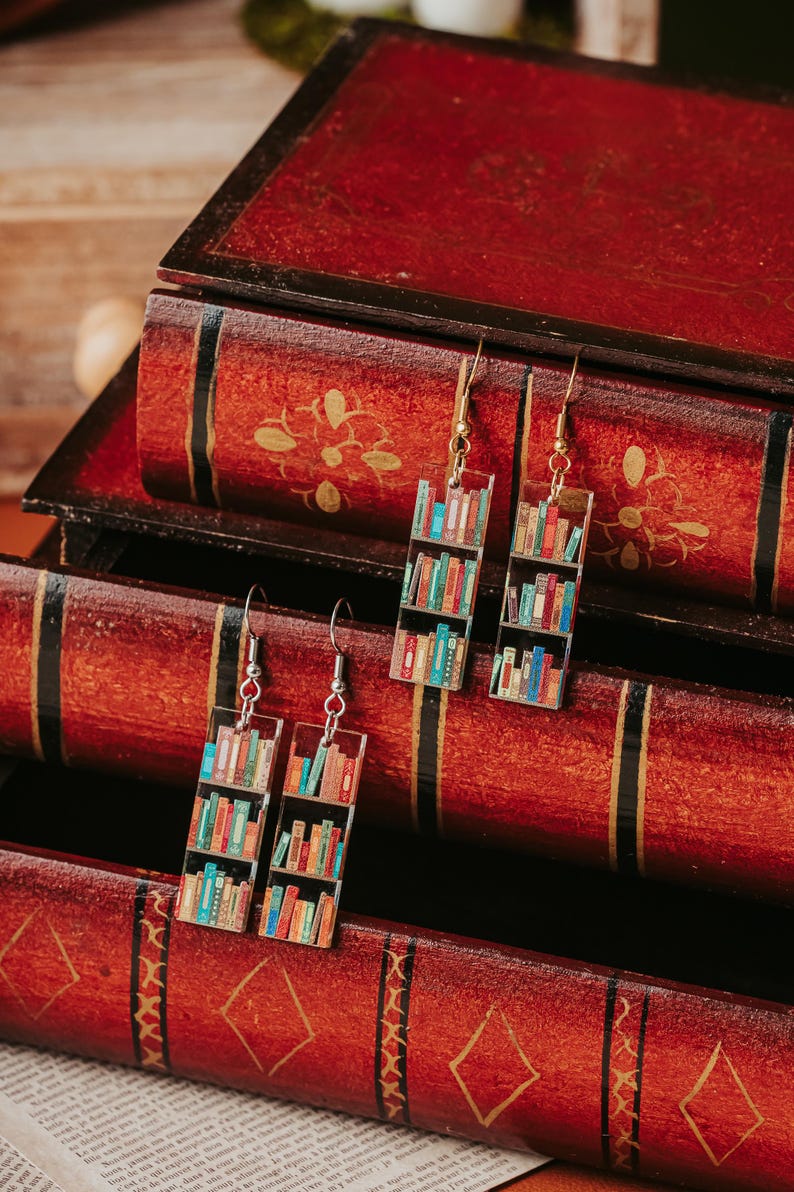 Mini book Earrings, Small Acrylic Dangle Earrings with bookshelf print, great gift for friends and book club giveaways