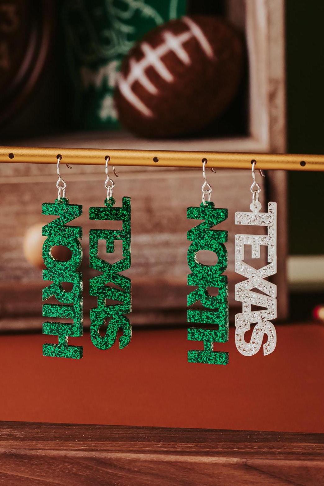 Mini North Texas Earrings, Officially Licensed UNT Game Day Jewelry in Green & White glitter, Gift for Students, Alumni and fans
