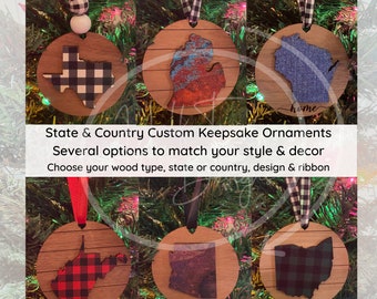 State Christmas Ornament | 2023 Ornament | Personalize - your choice of  wood, state | country, ribbon & pattern