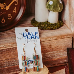 Mini book Earrings, Small Acrylic Dangle Earrings with bookshelf print, great gift for friends and book club giveaways