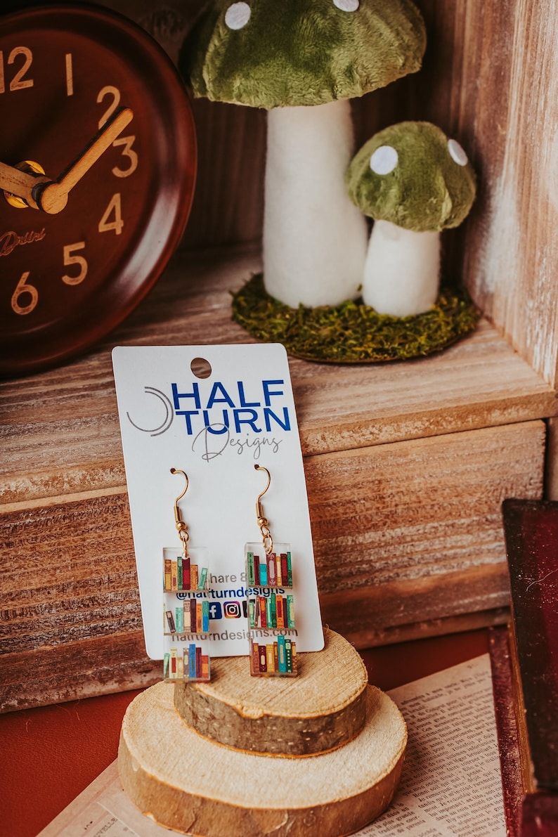Mini book Earrings, Small Acrylic Dangle Earrings with bookshelf print, great gift for friends and book club giveaways