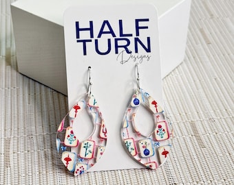 Mahjong Tile Print Earrings, Colorful Teardrop Acrylic Dangles  for the Mahjong Obsessed