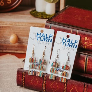 Mini book Earrings, Small Acrylic Dangle Earrings with bookshelf print, great gift for friends and book club giveaways