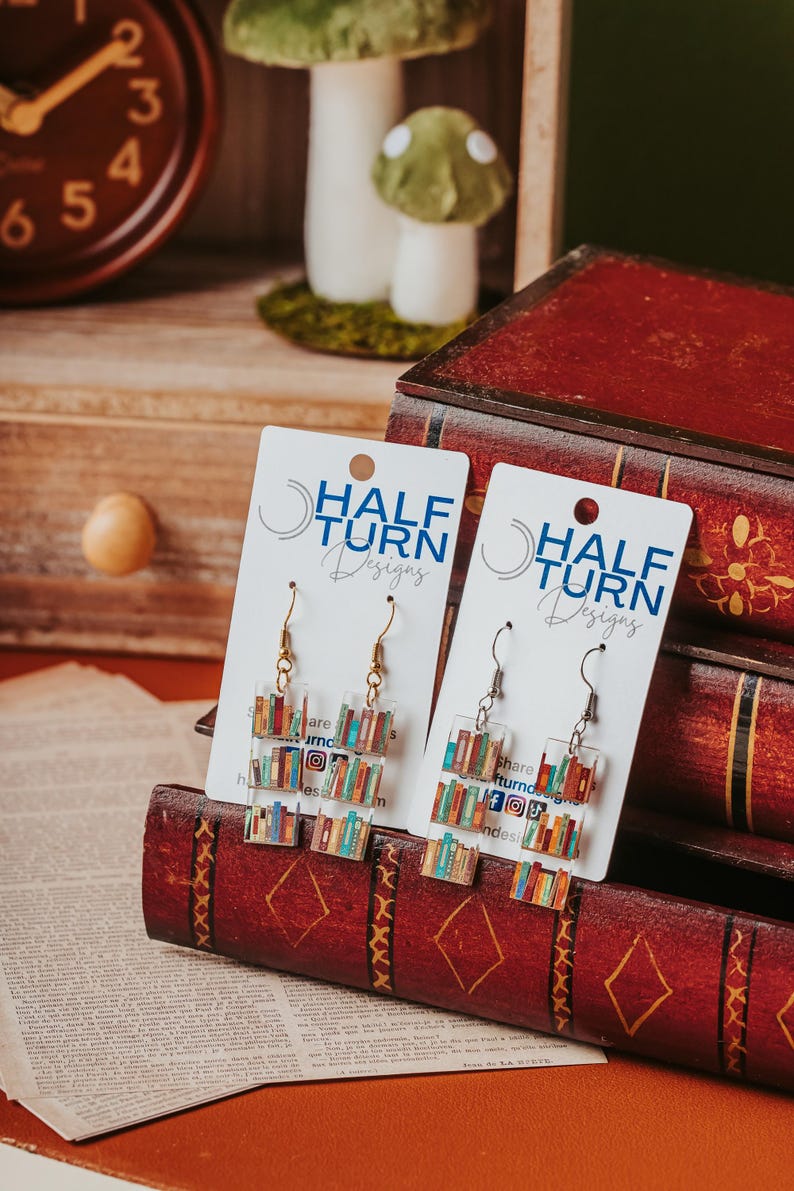 Mini book Earrings, Small Acrylic Dangle Earrings with bookshelf print, great gift for friends and book club giveaways