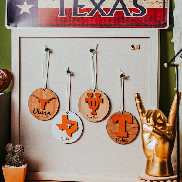 University of Texas Custom Ornament in four designs,  Longhorns Christmas Ornament or Car Charm, Personalized UT Officially Licensed merch