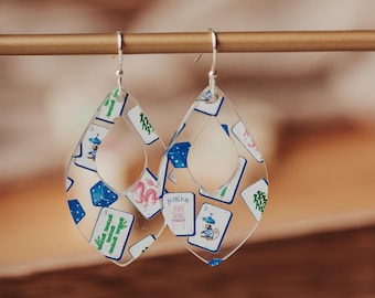 Mahjong Teardrop Earrings with Blue Chinoiserie Tile Design for Mahjong lovers