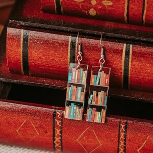 Mini book Earrings, Small Acrylic Dangle Earrings with bookshelf print, great gift for friends and book club giveaways