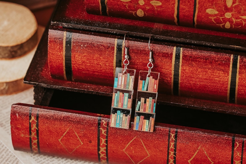 Mini book Earrings, Small Acrylic Dangle Earrings with bookshelf print, great gift for friends and book club giveaways