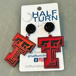 Texas Tech  Red &  Black dangle Earrings with black druzy studs, TTU Acrylic Earrings, Red Raider Game Day jewelry