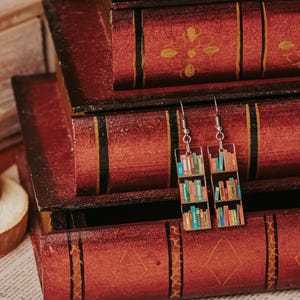 Mini book Earrings, Small Acrylic Dangle Earrings with bookshelf print, great gift for friends and book club giveaways