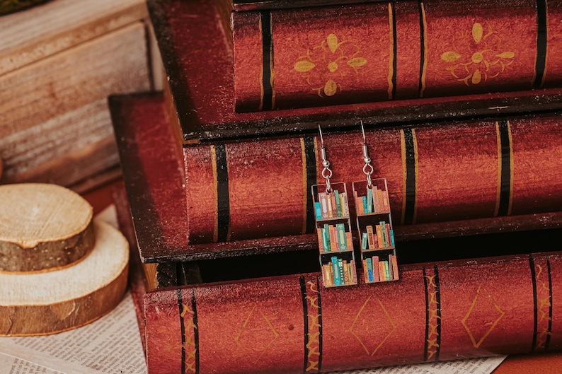 Mini book Earrings, Small Acrylic Dangle Earrings with bookshelf print, great gift for friends and book club giveaways