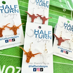 University of Texas Dangle Earrings , UT Longhorn Earrings, Burnt Orange and White Jewelry, Gift for UT students & alumni, Game Day earrings
