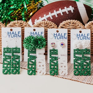 Large UAB Blazers Dangle Earrings, University of Alabama Birmingham Game Day Jewelry in Green & White Glitter, Gift for Students and Alumni