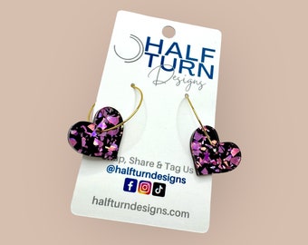 Pink and Black Chunky Glitter Heart Hoop Earrings | Incredibly Lightweight