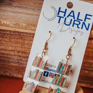 Mini book Earrings, Small Acrylic Dangle Earrings with bookshelf print, great gift for friends and book club giveaways