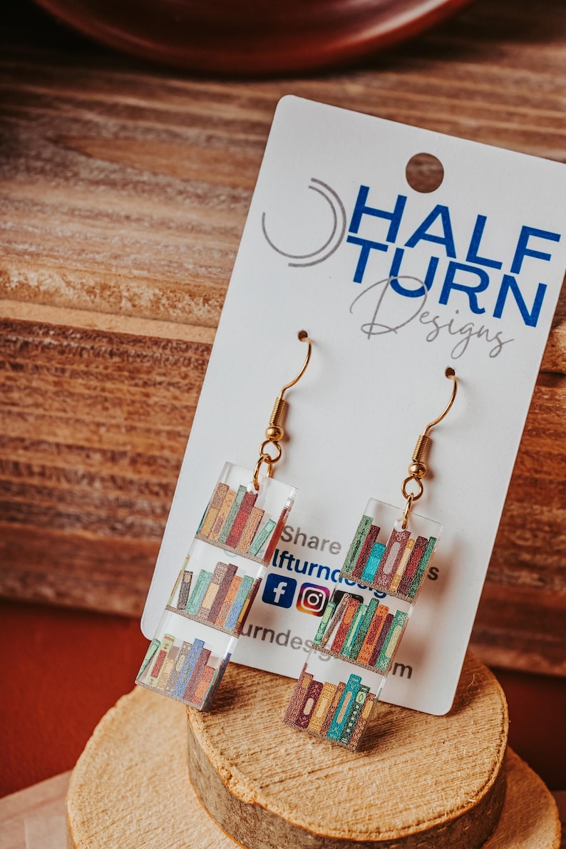 Mini book Earrings, Small Acrylic Dangle Earrings with bookshelf print, great gift for friends and book club giveaways