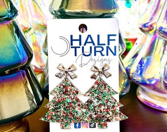 Christmas Tree Earrings Dangle, Red, Green & Silver Glitter, Holiday Jewelry, Festive Silver Bow Accents,  Xmas Earrings for Gift Giving