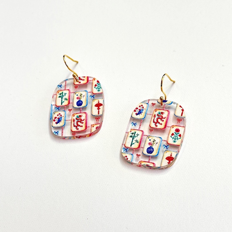 Colorful mahjong earrings designed for leagues, tournaments, and casual outfits