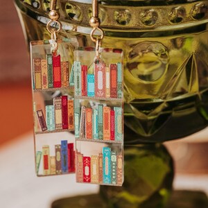 Mini book Earrings, Small Acrylic Dangle Earrings with bookshelf print, great gift for friends and book club giveaways