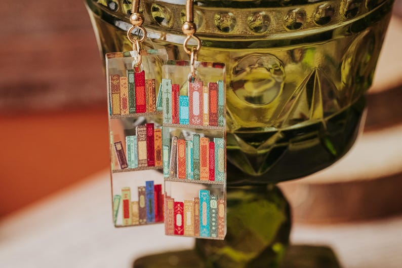Mini book Earrings, Small Acrylic Dangle Earrings with bookshelf print, great gift for friends and book club giveaways