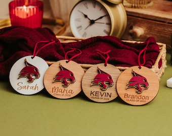 Personalized Texas State Bobcats Ornament, Custom Engraved TXST Wood Christmas Decoration (3" Round)