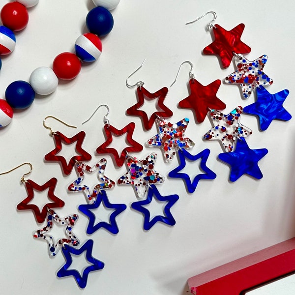 Red Sparkle and Blue Star Earrings - 3 variations | Fourth of July Earrings |Select  silver or gold earring hook color
