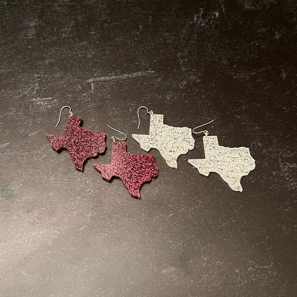 Sparkling Texas Love: Maroon or White Glitter State Shaped Earrings | Aggie Spirit Earrings