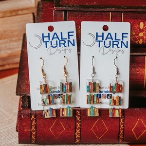 Mini book Earrings, Small Acrylic Dangle Earrings with bookshelf print, great gift for friends and book club giveaways