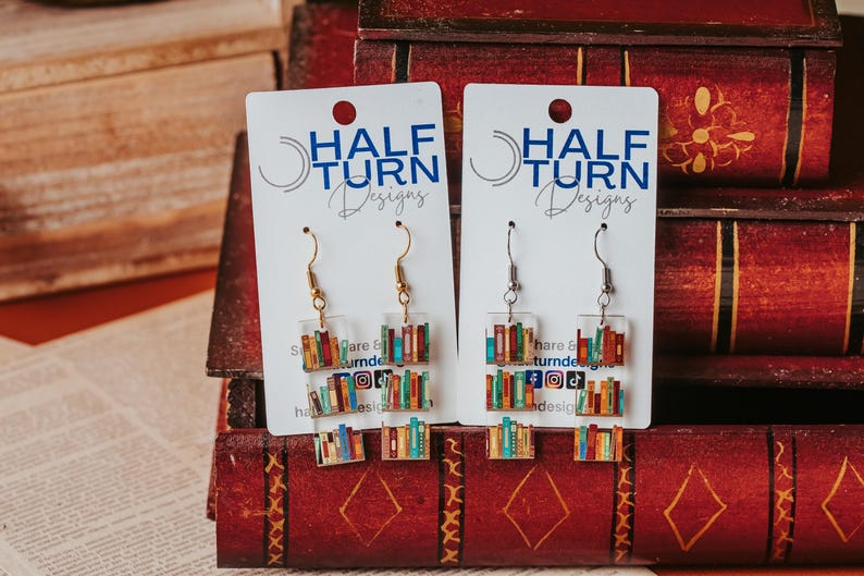 Mini book Earrings, Small Acrylic Dangle Earrings with bookshelf print, great gift for friends and book club giveaways