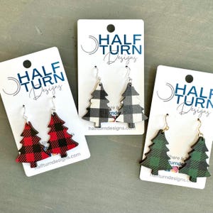 Buffalo Plaid Christmas Tree Earrings, Available in Black and White, Green and Black and Red and Black styles, Wooden Dangle Earrings