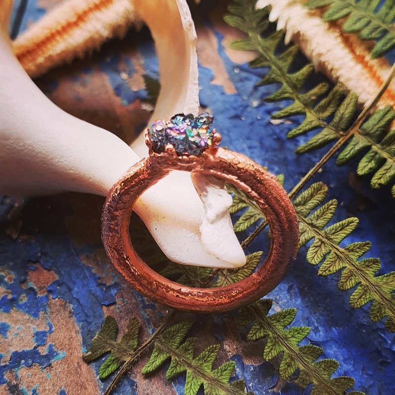 Organically Electroformed Copper Rainbow Mineral Ring