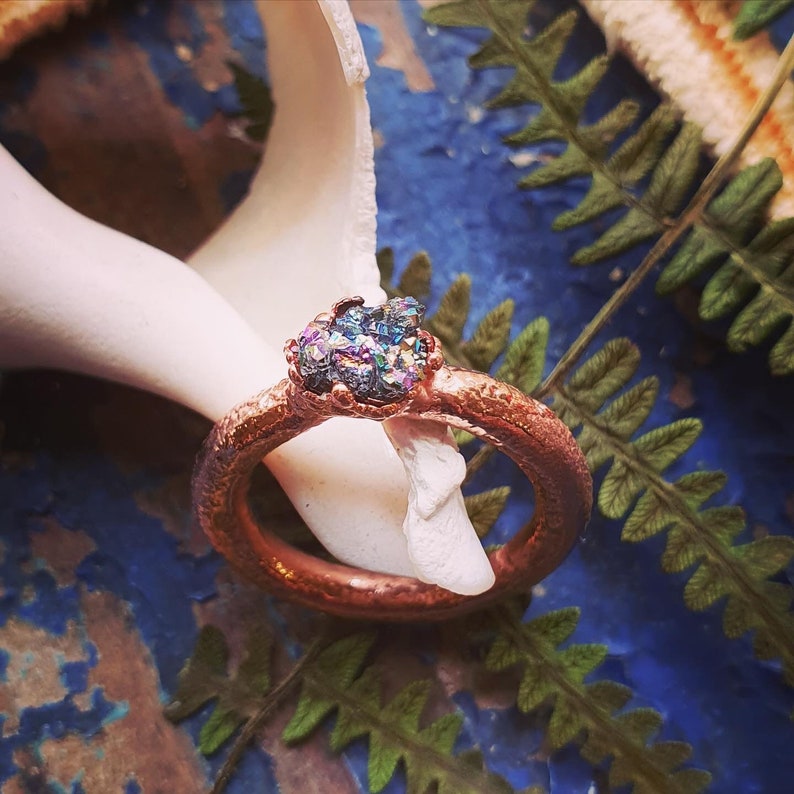 Organically Electroformed Copper Rainbow Mineral Ring