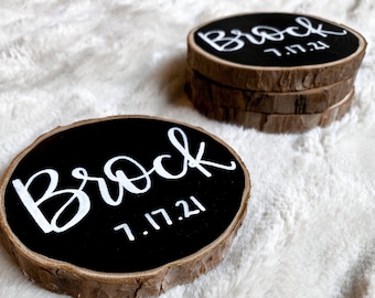 Personalized Coaster Set - 4 Wood Slices | Last Name Coasters | Custom Wood Slices | Wedding Gift | Housewarming Gift